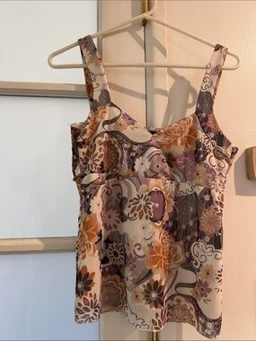 Floral Print Sleeveless Tank Top - Cream, Orange & Purple